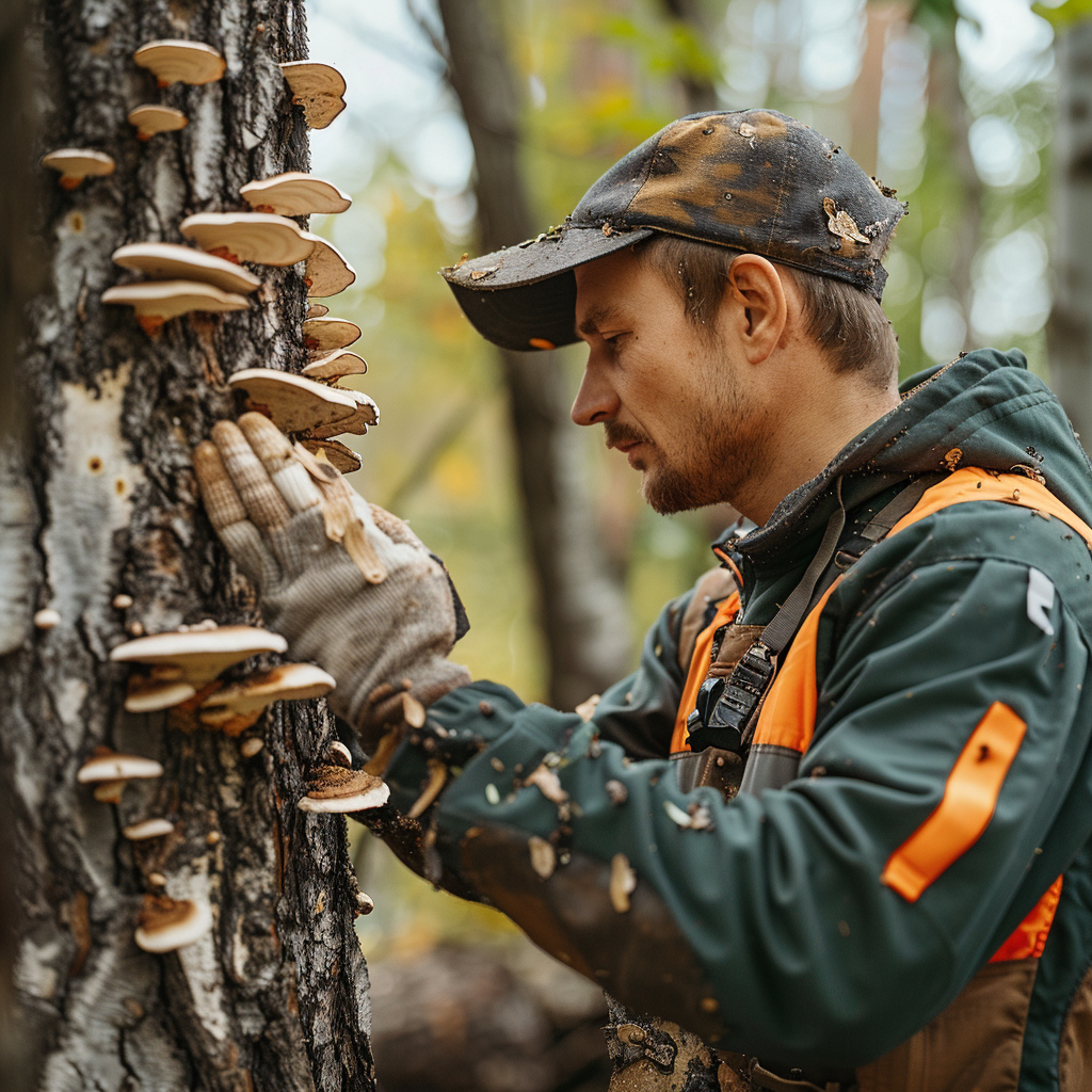 tree expert looking at mushroom growth in evansville in